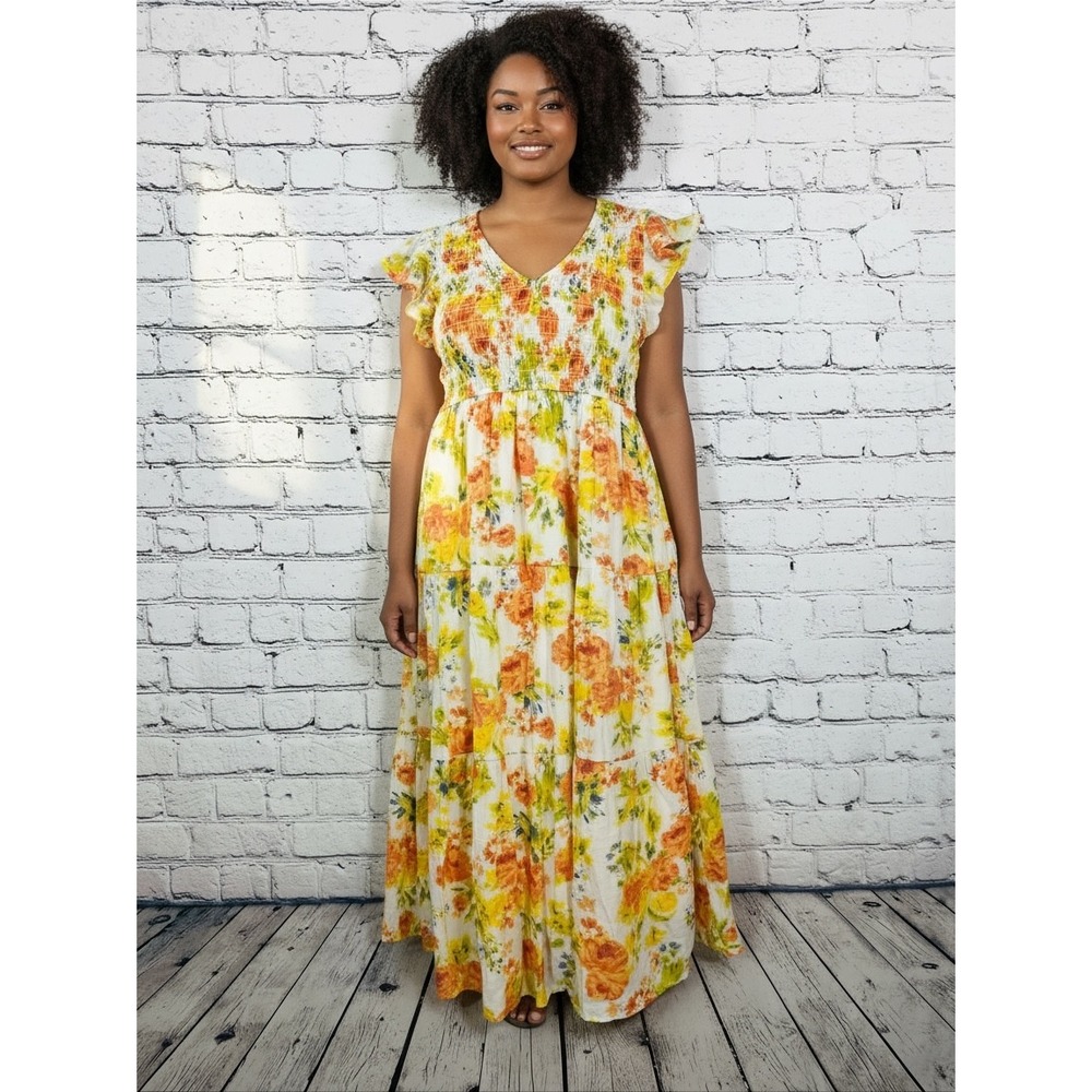 Blu Pepper Maxi Dress Women's Smocked Floral Tiered Orange Yellow Size S Boho